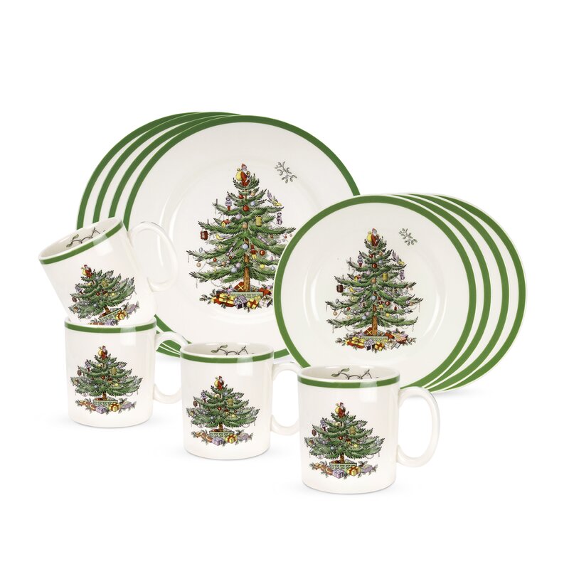 Conjunto Spode Christmas Tree com 12 Peças (4 Pratos de Jantar / 4 Pratos de Sobremesa / 4 Canecas)